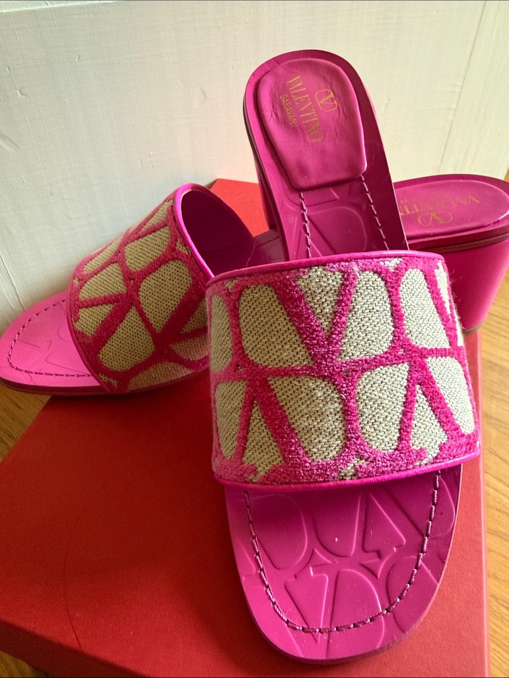 Valentino Hot Pink Canvas Slide Mules with Beige Embroidery